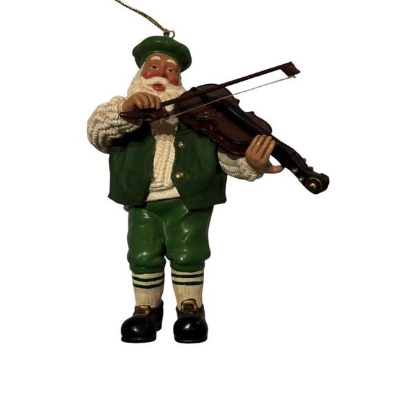 Santa Playing Violin Ornament Green Outfit Musician Christmas Figure Holiday Dec - Picture 2 of 5